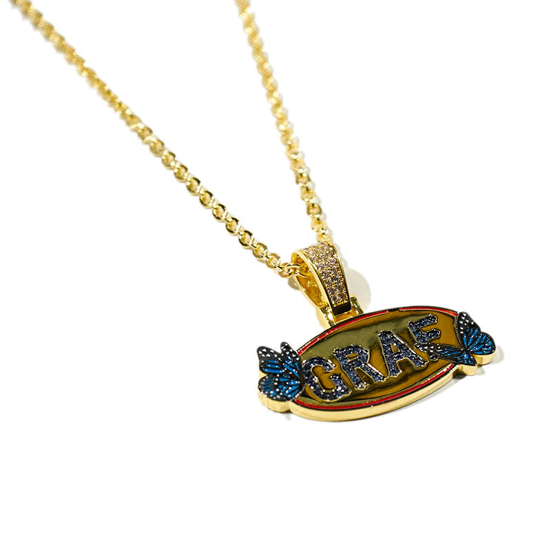 GRAF&WU Blue Butterfly Inlay Rhinestone Design Necklace