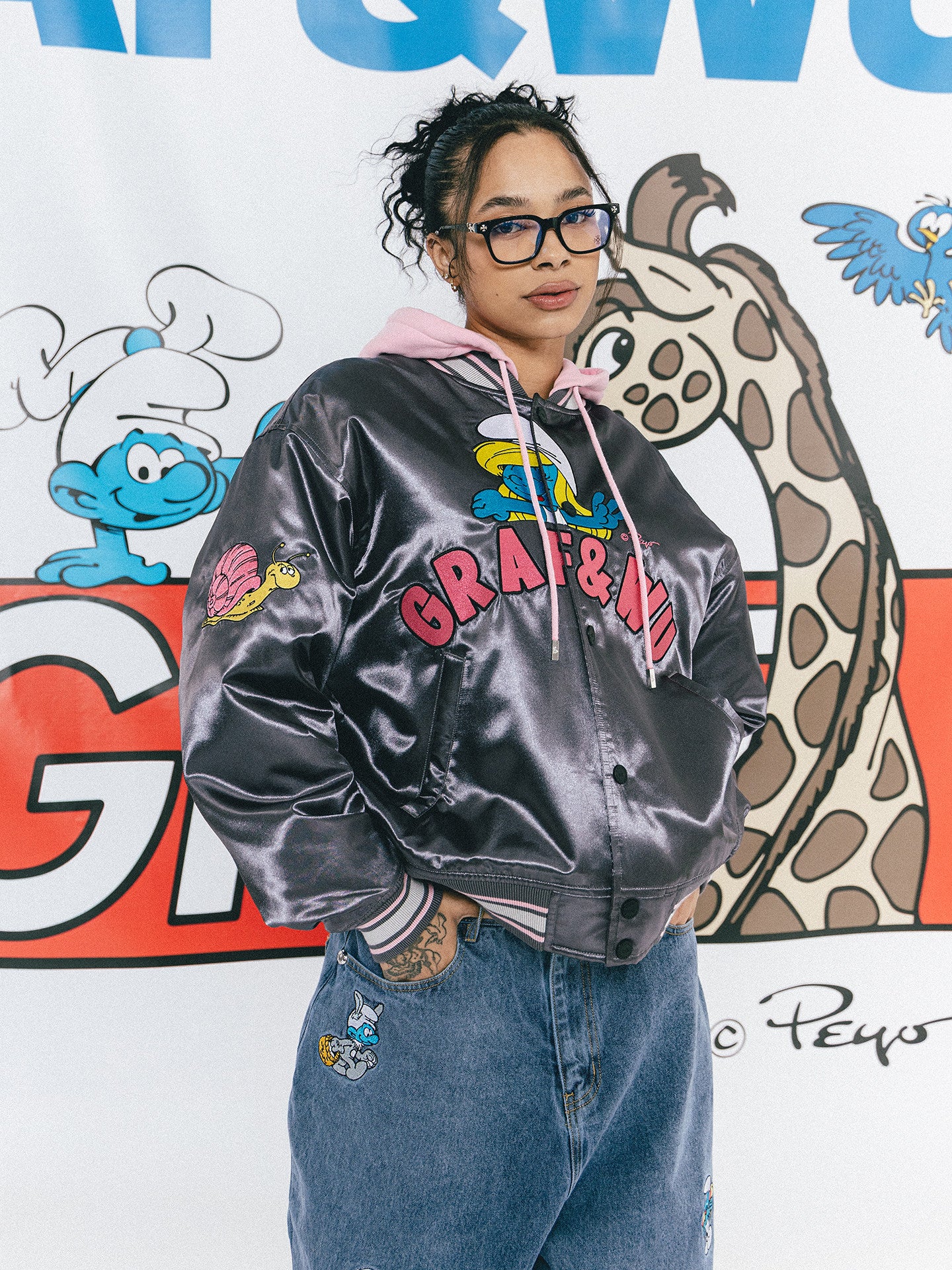 GRAF X SMURF Collaboration Couple Style Thick Satin Hooded Jacket