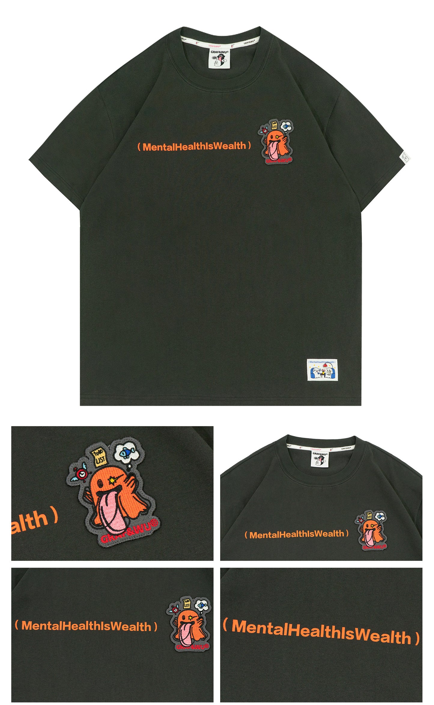GRAF&WU Mental Health Series Cute Ghost Embroidery Graphic T-Shirt