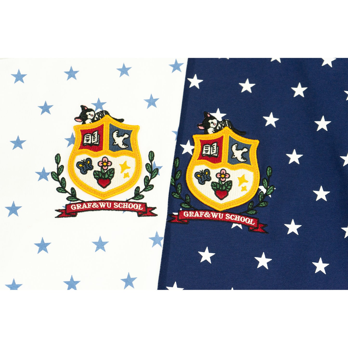 GRAF&WU Starry Cow Cat University Badge Embroidered Streetwear T-shirt