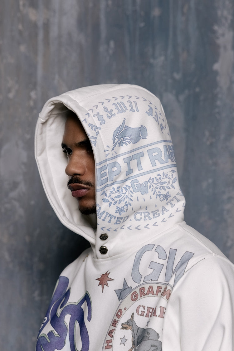 GRAF&WU Fallen Leaves Floral Letter Brass Button Fleece Hoodie