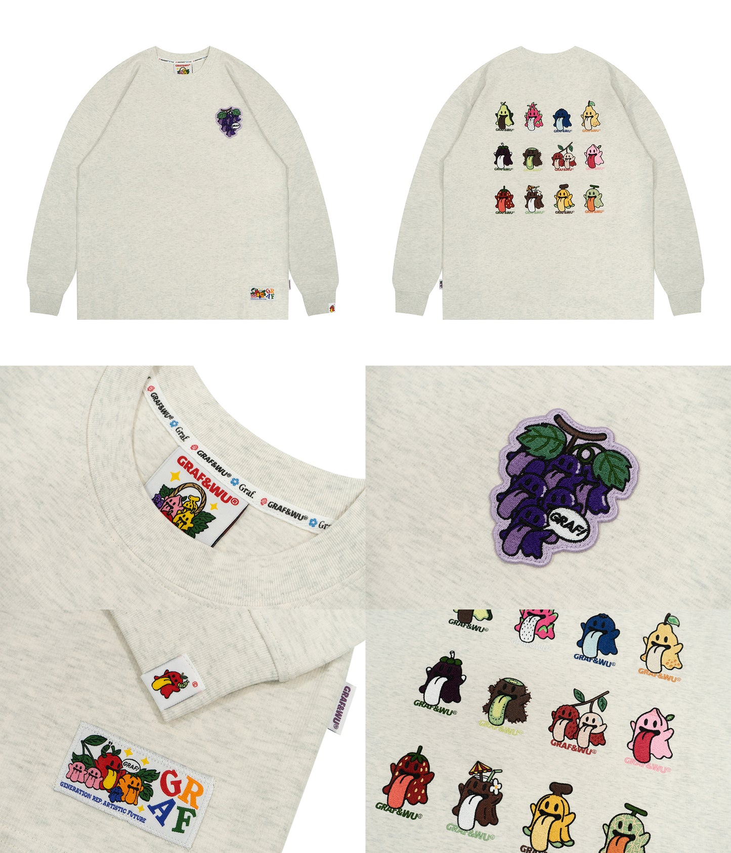 GRAF&WU Fruit Party 12 Fruit Cute Ghosts Embroidery Long-sleeves Shirt