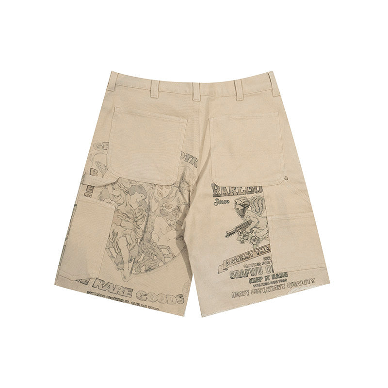 GRAF&WU Vintage Distressed Cargo Shorts | Giraffe Floral Canvas