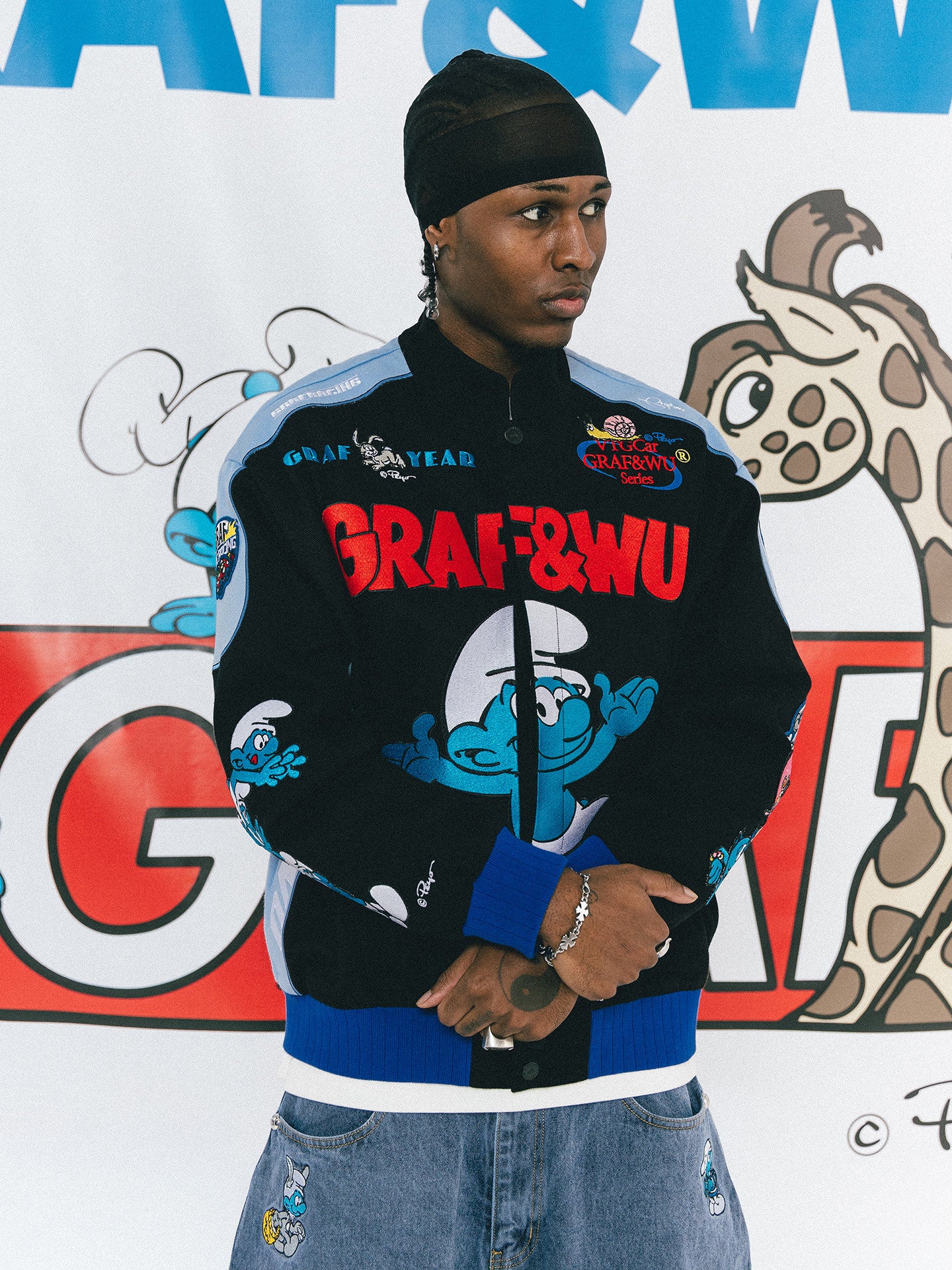 GRAF X SMURF Collaboration Fashion Embroidered Racing Jacket | Limited Edition Streetwear