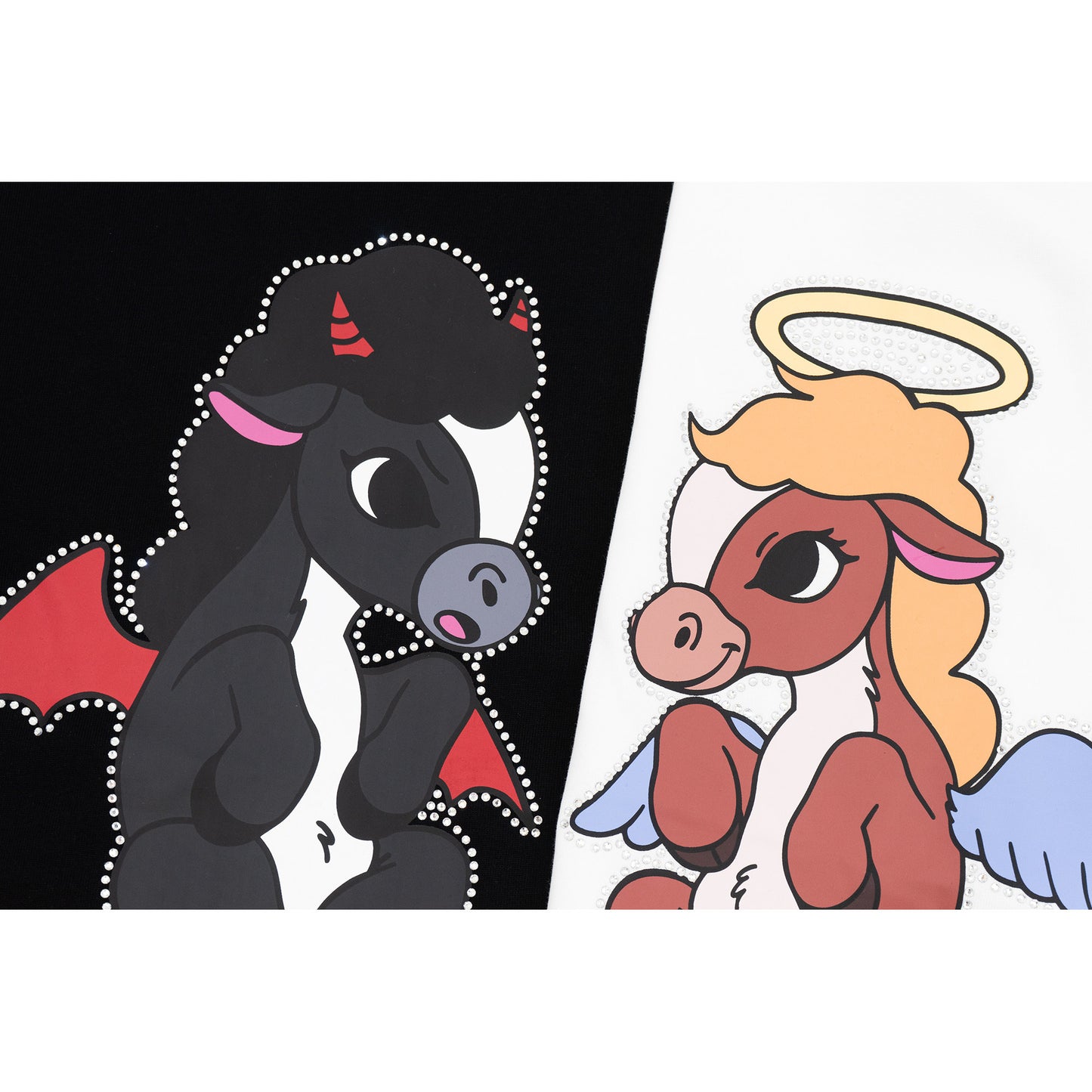 GRAF&WU Angel Devil Pony Twin Rhinestone Couple Street Loose T-shirt