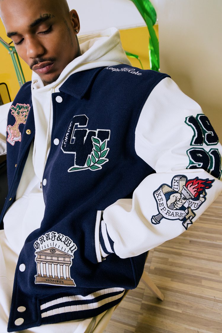 GRAF&WU University Them Leather Sleeved Wool Baseball Jacket