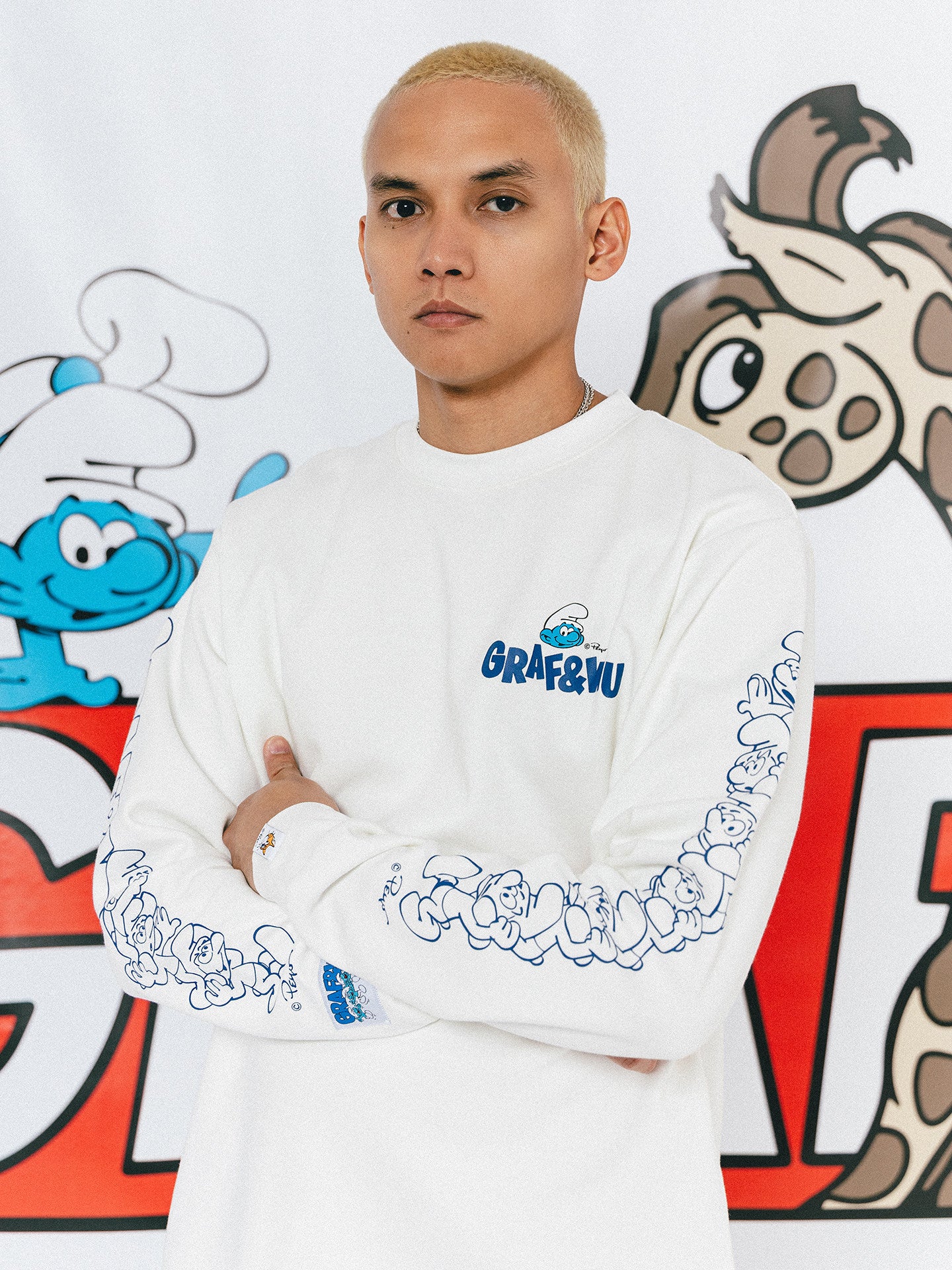 GRAF X SMURF Character Jenga Style Printed Cotton Long Sleeve Shirt