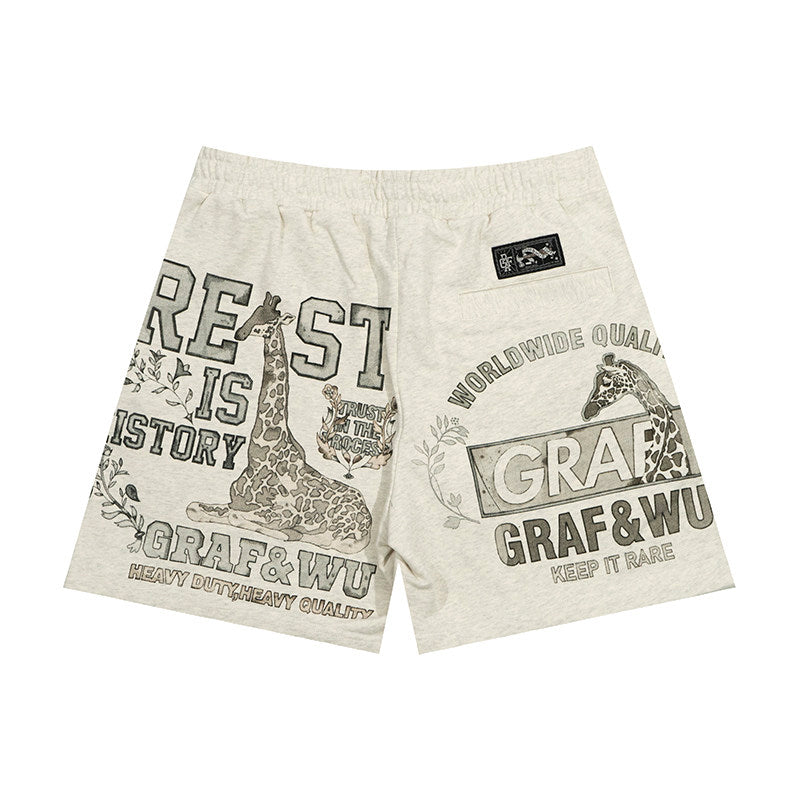 GRAF&WU Vintage Floral Giraffe Goddess Blessing Print Athletic Shorts