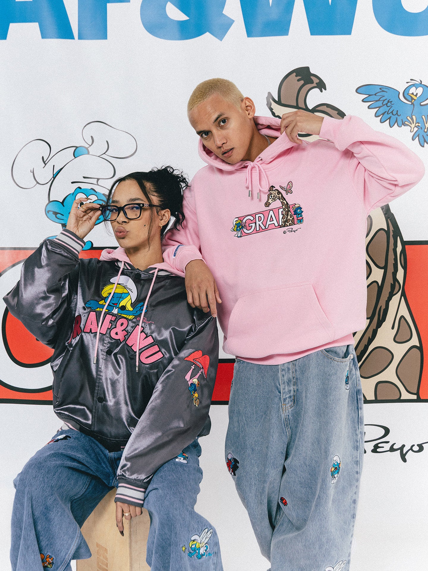 GRAF X SMURF Giraffe Smurf Embroidered Cartoon Fleece Hoodie