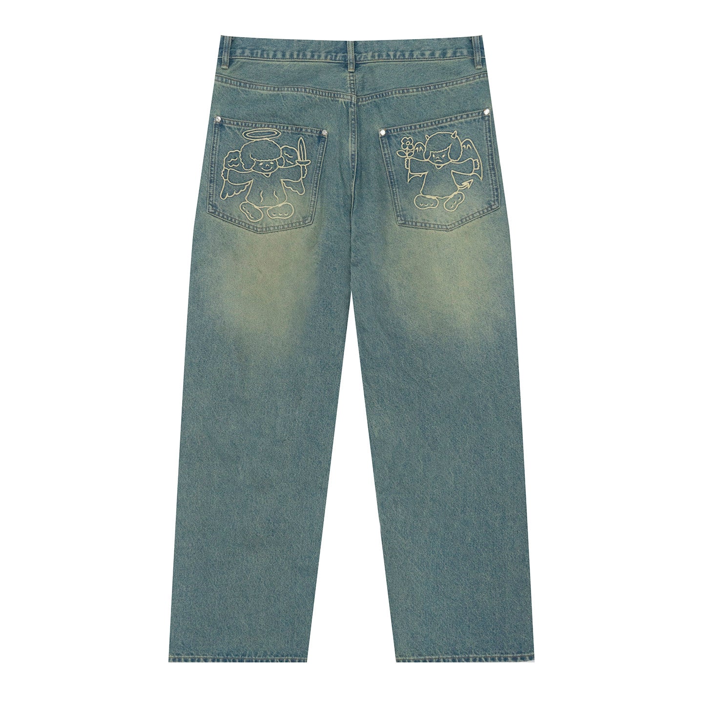 GRAF&WU Grunge Aesthetic Pearl Design Angel Devil Graphic Ripped Jeans