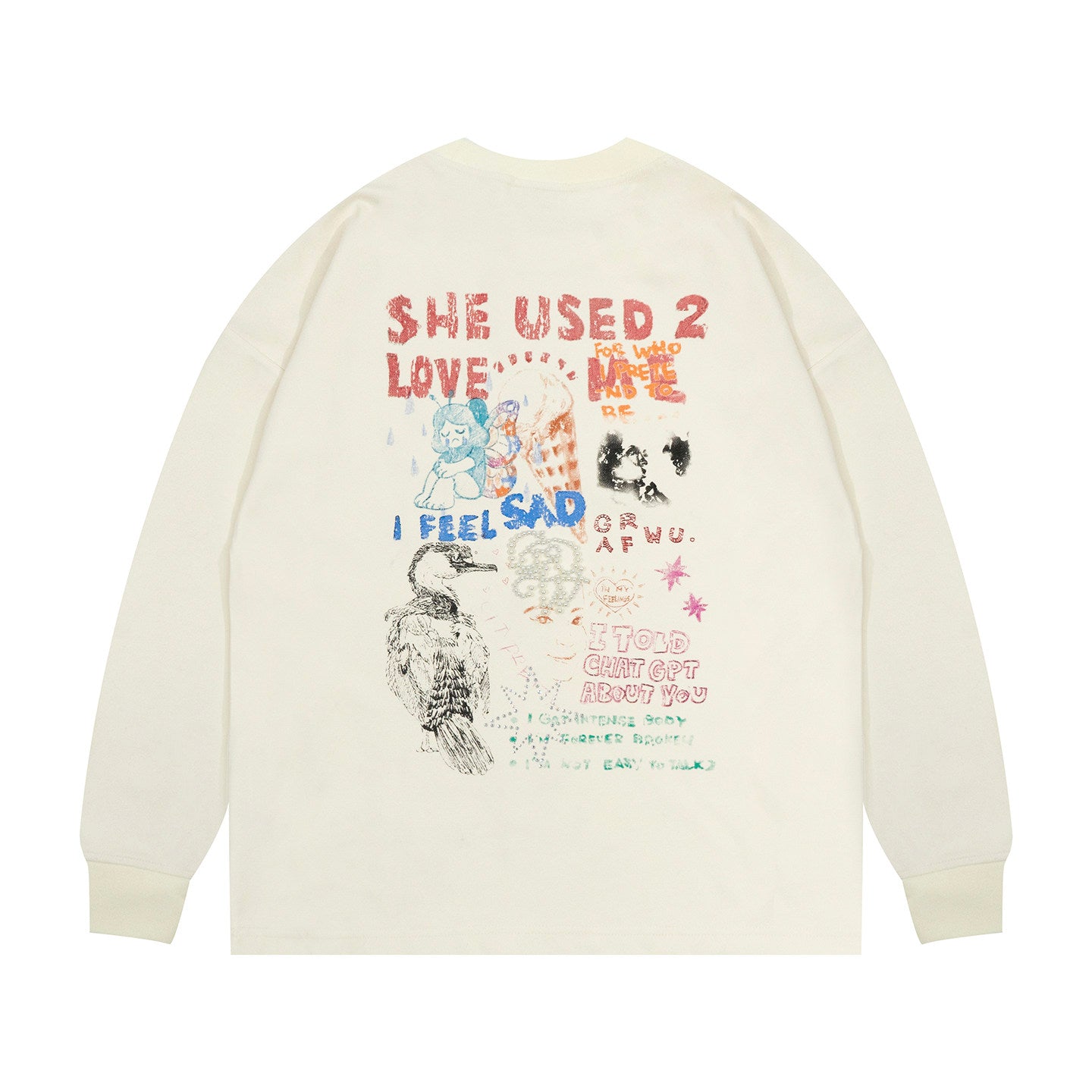GRAF&WU Graffiti Red Rhinestone Pearl Fashion Long Sleeve Shirt