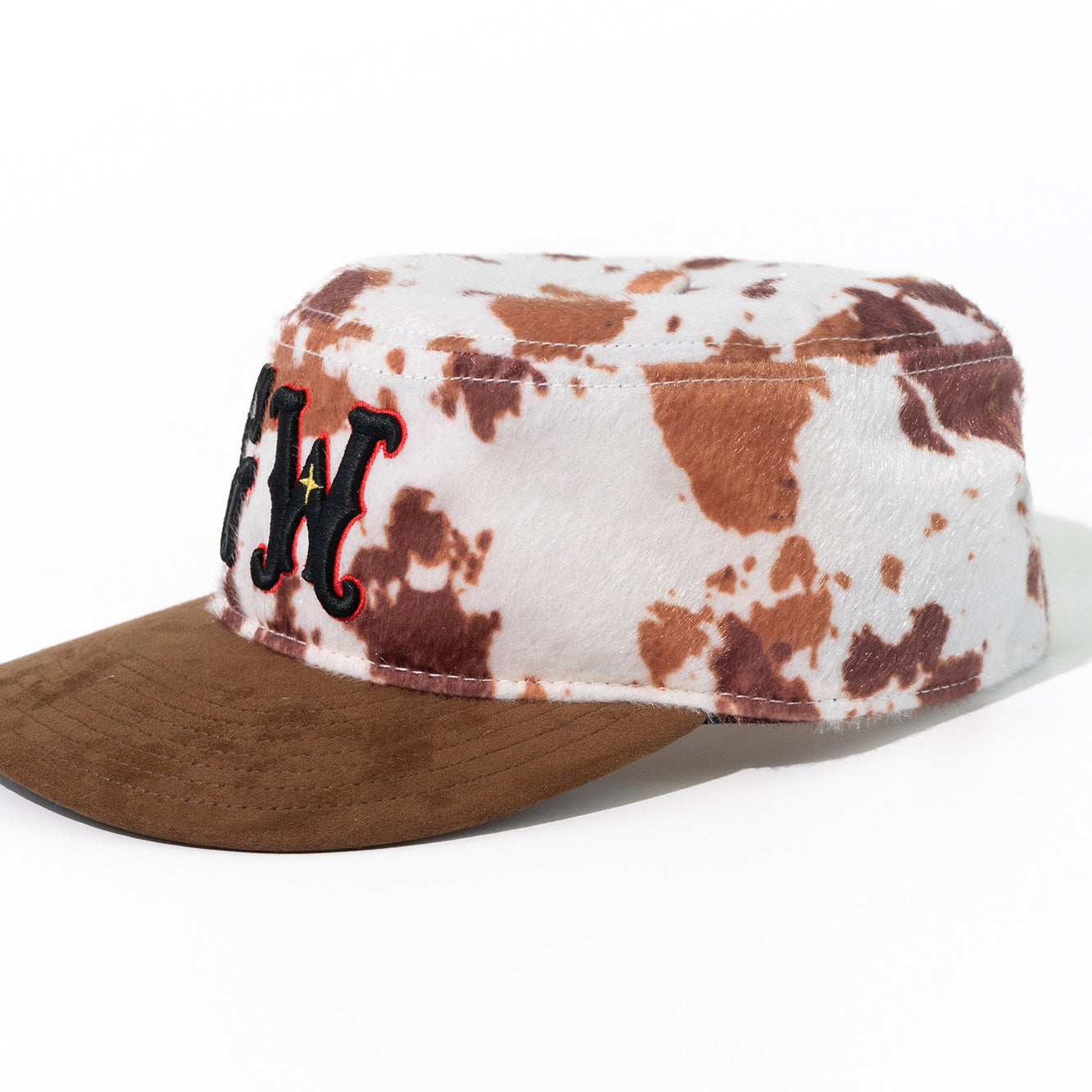 GRAF&WU Faux Pony Fur GW Embroidered Suede Western Style Flat-top Cap