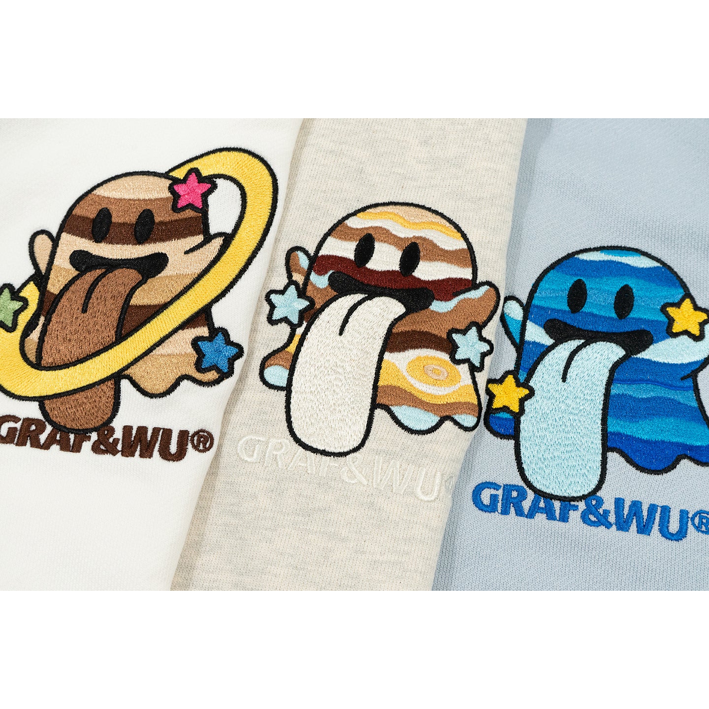 GRAF&WU Solar System Planet Cute Ghost Embroidered Zip-up Hoodie
