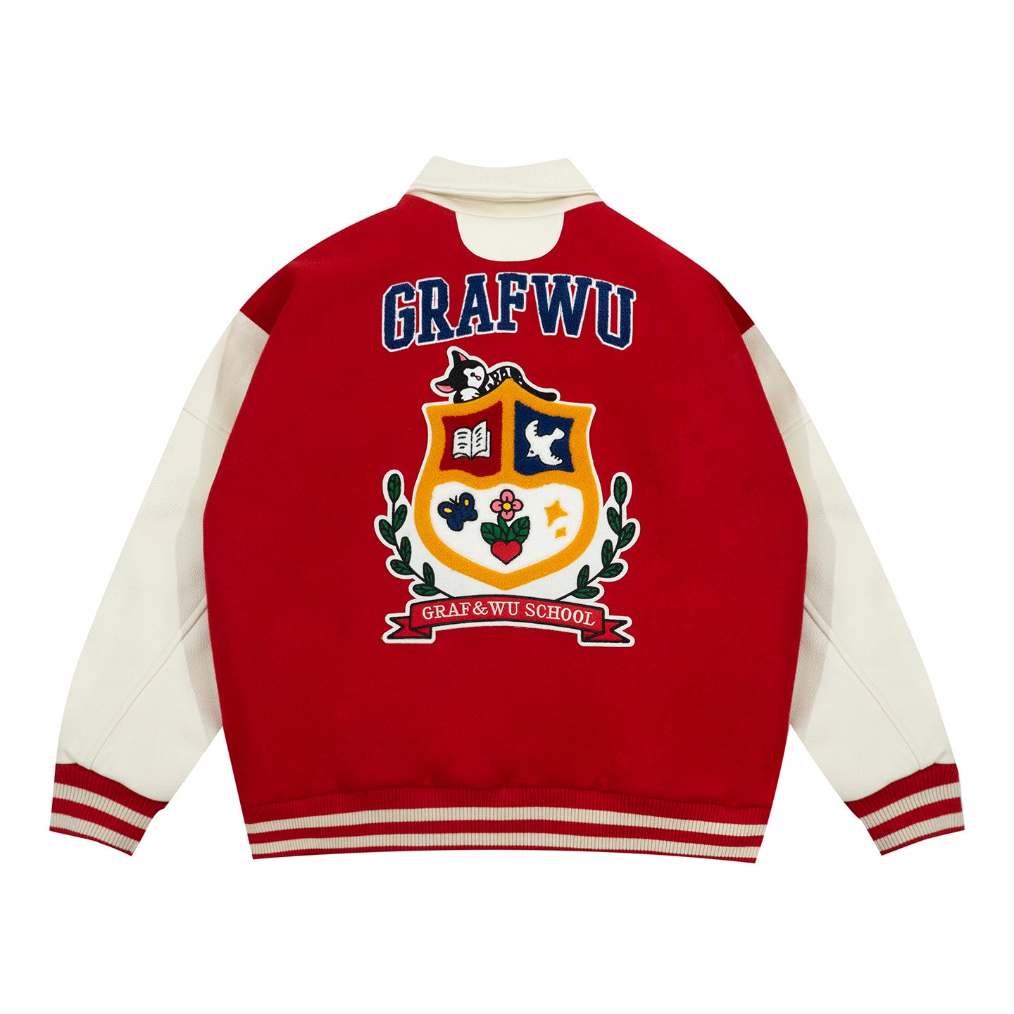 GRAF&WU Sleep Cow Cat Graphic University Leather Sleeve Varsity Jacket