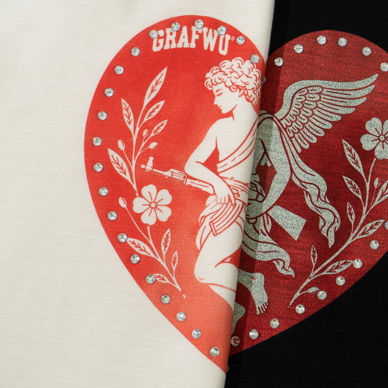 GRAF&WU AK47 Greek Angel Rhinestone Shiny Heart T-Shirt