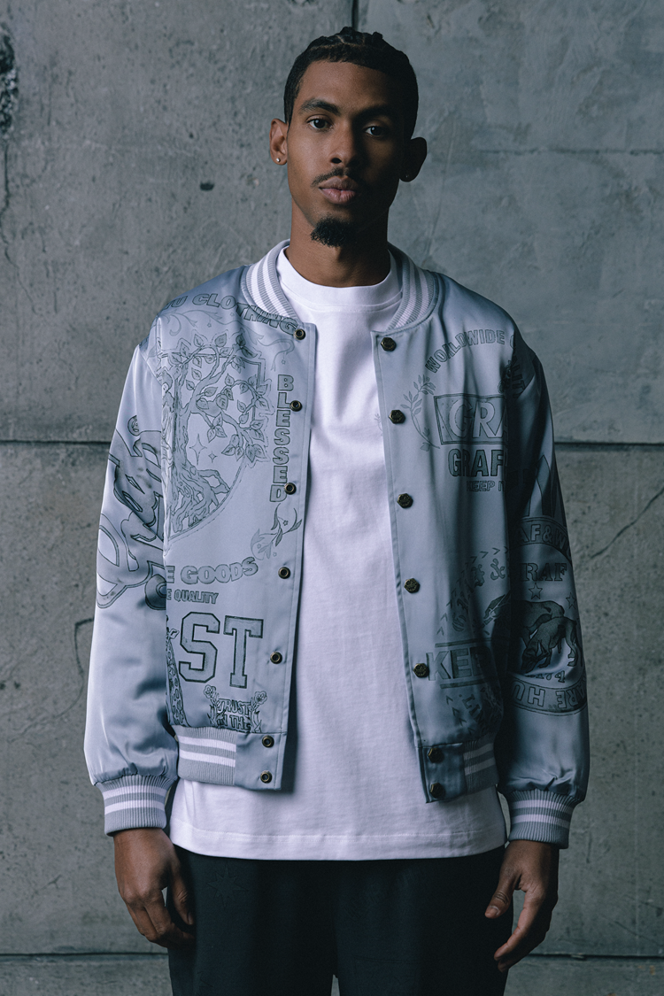 GRAF&WU Vintage Floral Giraffe Goddess Blessing Graphic Satin Thin Baseball Jacket