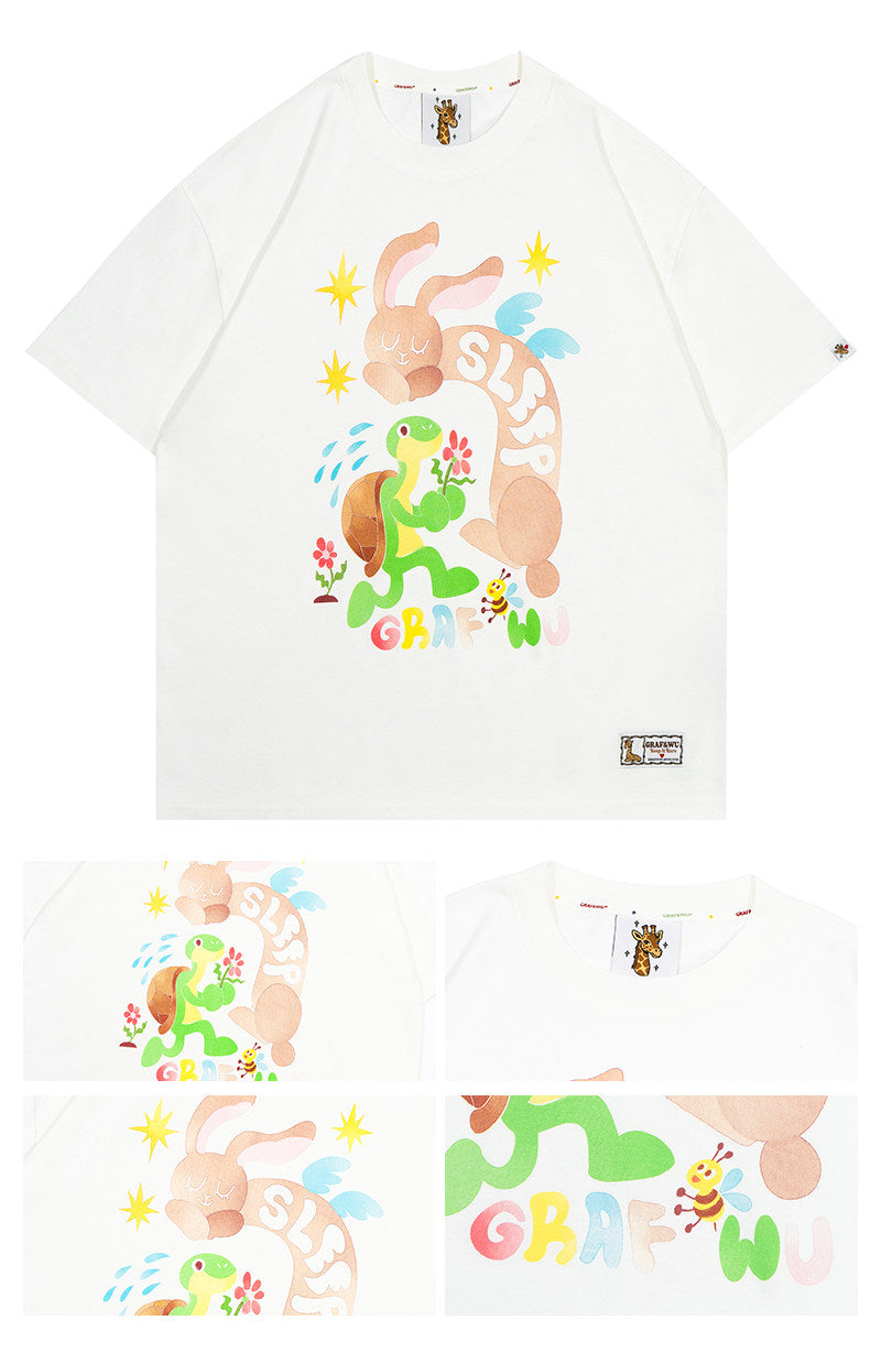 GRAF&WU【Giraffe Fable】Tortoise And Hare Race Star Print Street Ice Silk T-Shirt