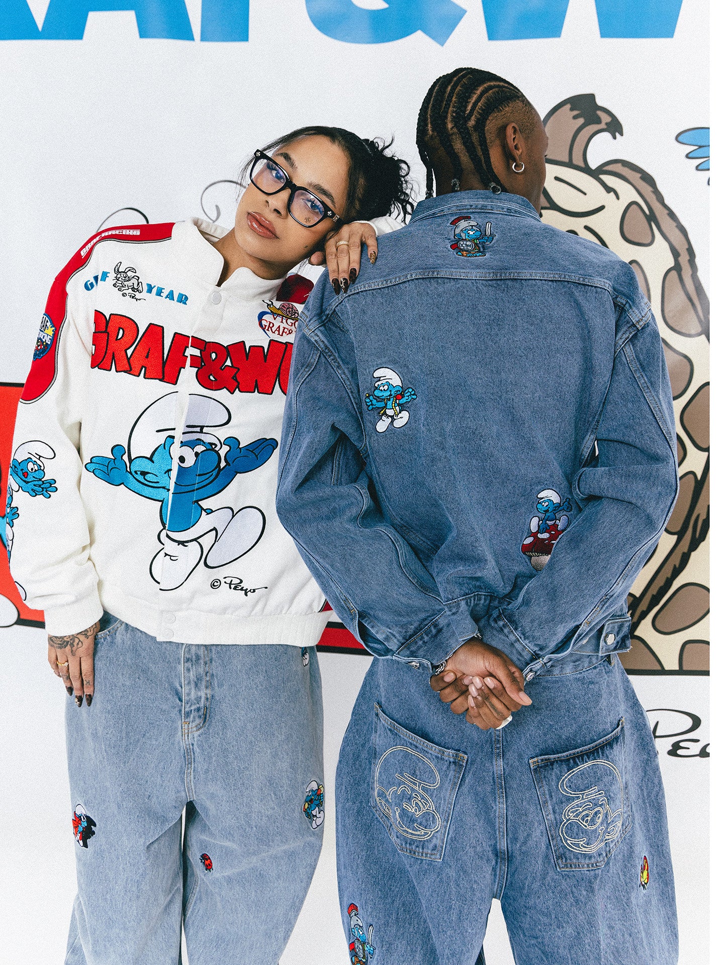 GRAF X SMURF Animal Character Embroidered Denim Jacket