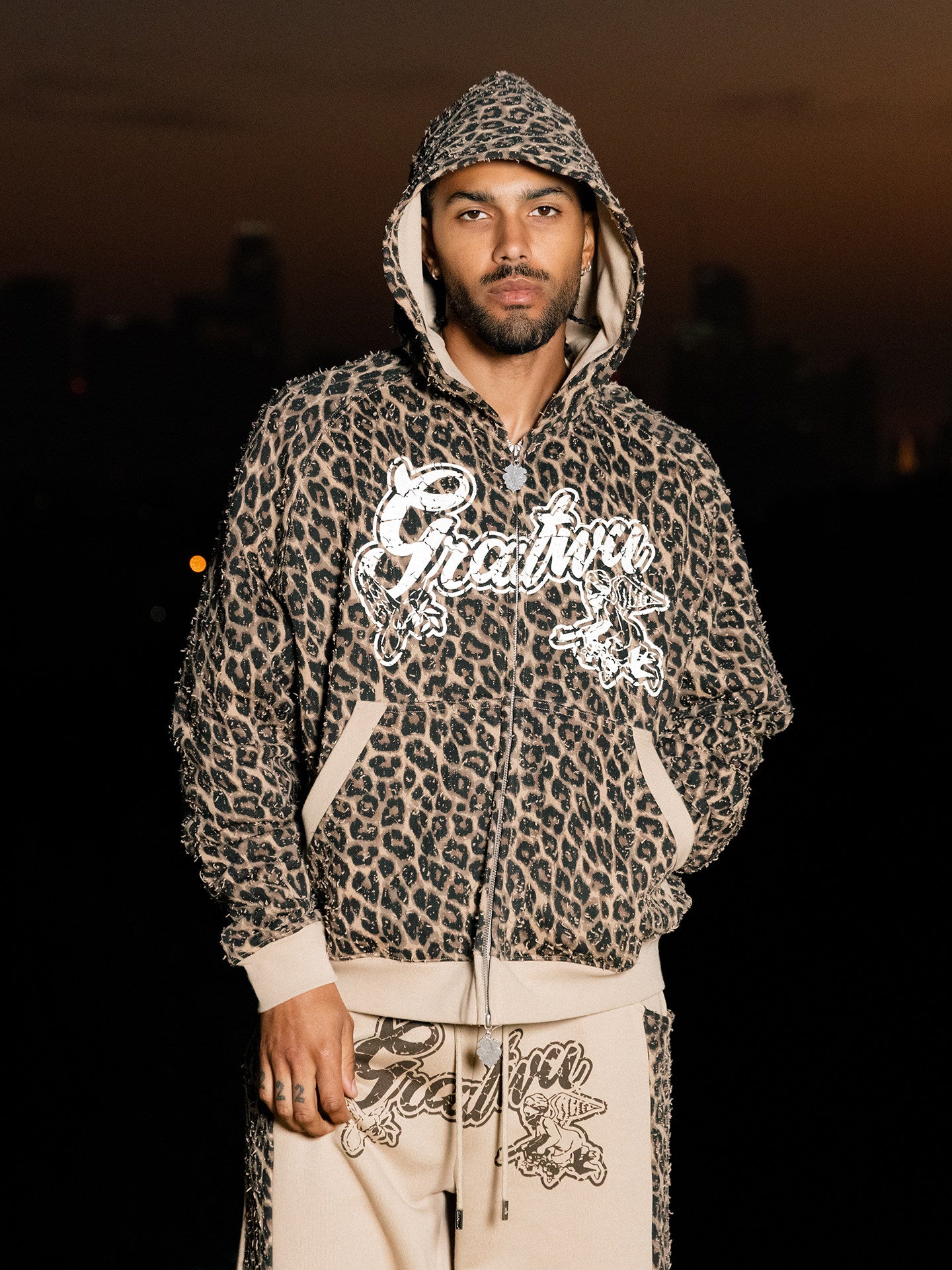 GRAF&WU Vintage Worn-in Leopard Print AK Angel Zipper Hoodie