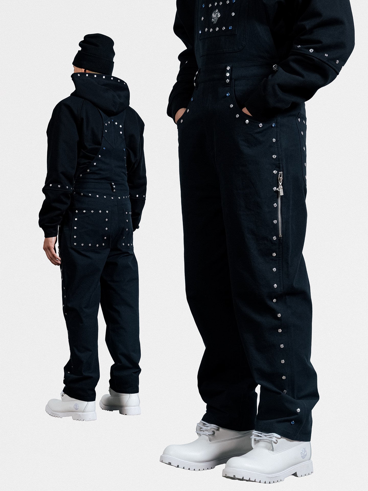 GRAF&WU Fashion Studded Blue Rhinestone Denim Overalls - Bling Streetwear