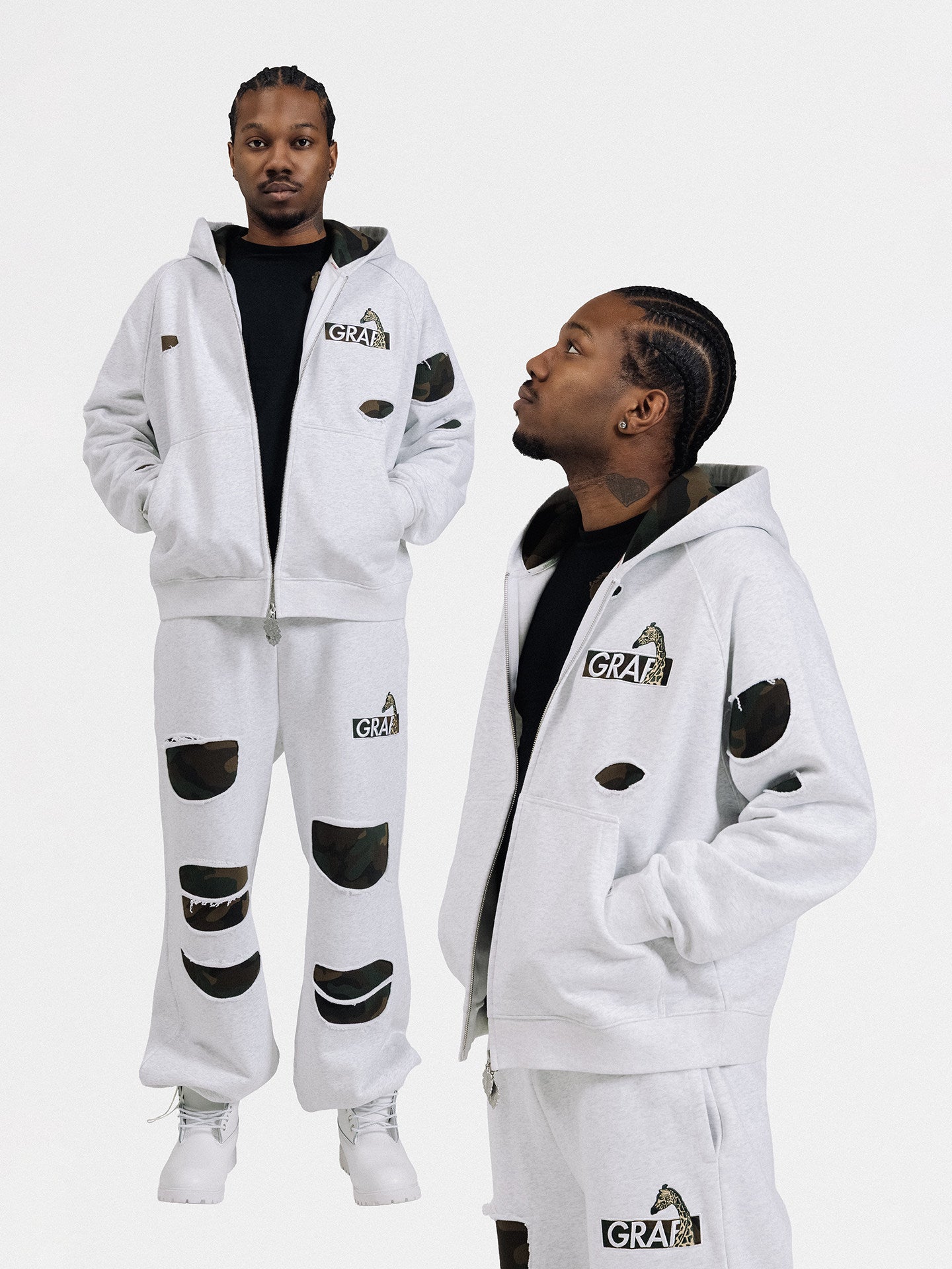GRAF&WU Camouflage Giraffe Ripped Streetwear Zip-up Hoodie