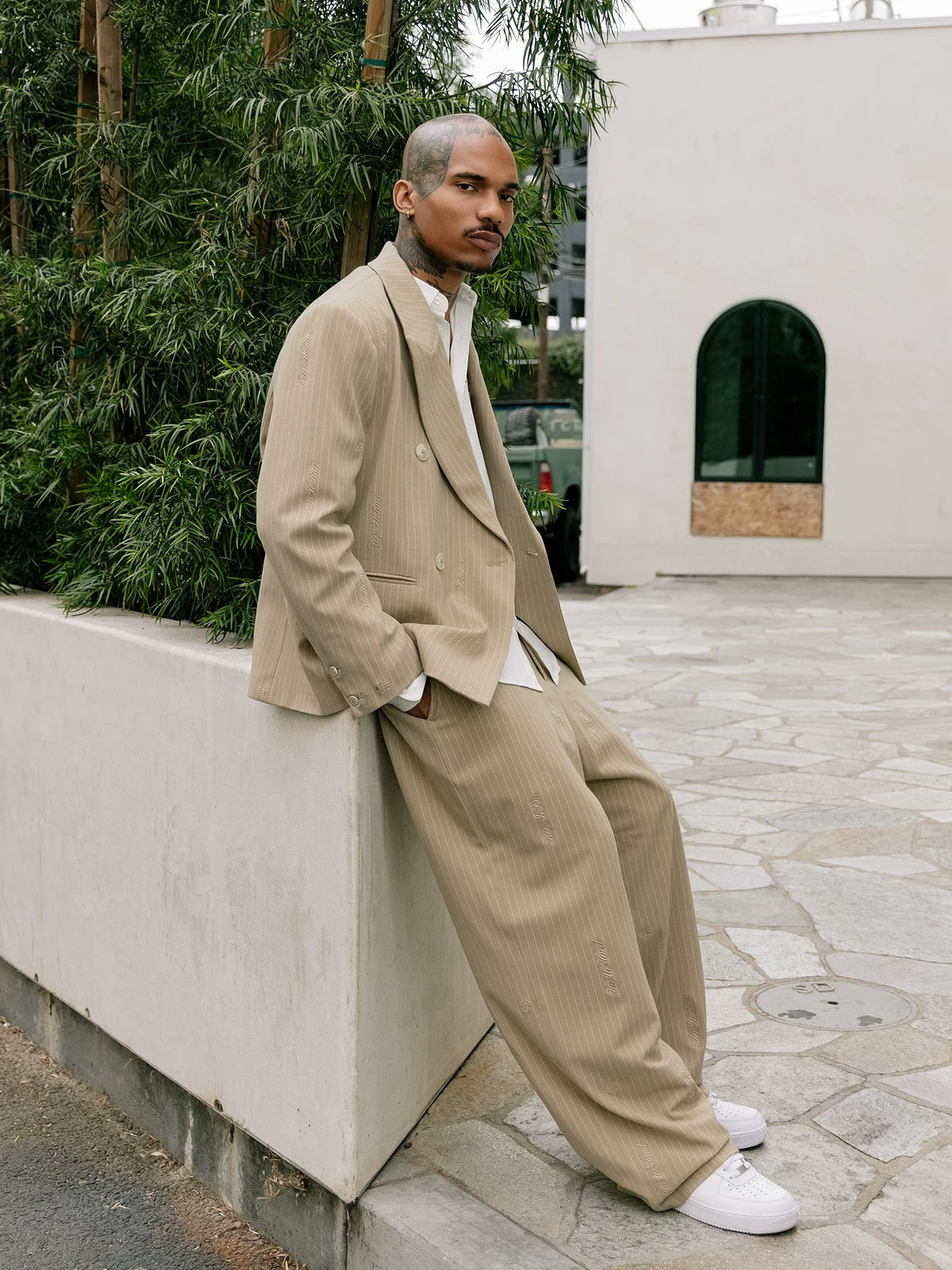 GRAFWU Oversized Pinstripe Double-Breasted Blazer Unisex Neutral Tone Suit