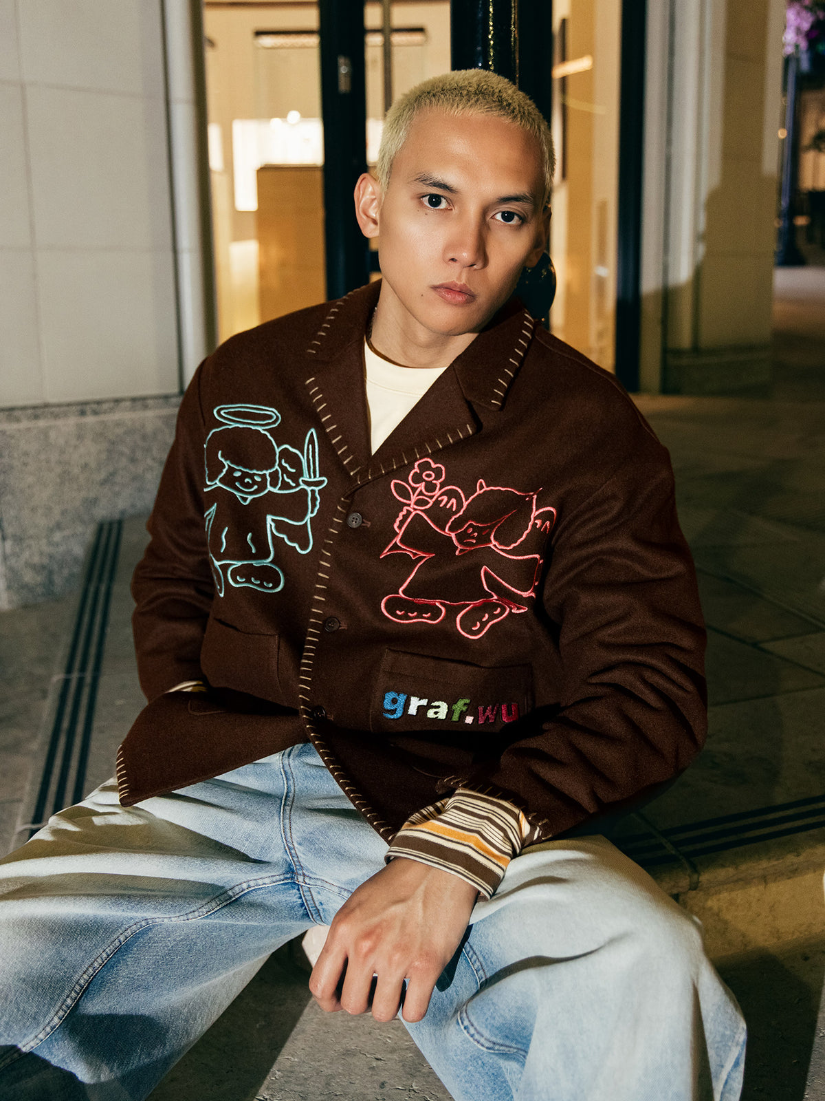 GRAF&WU Angel Devil Character Embroidery Hand-stitched Wool Coat - Premium Streetwear
