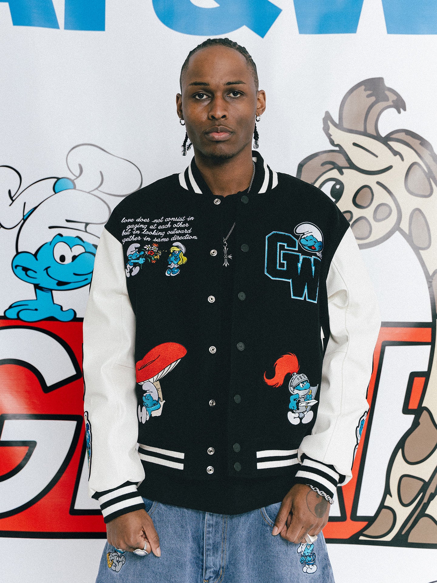 GRAF X SMURF Badge Embroidery Calm Giraffe Leather Sleeve Baseball Jacket