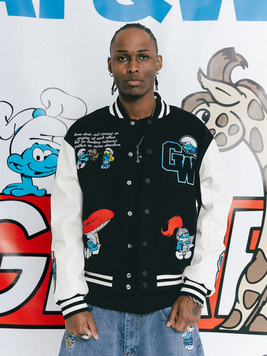 GRAF X SMURF Badge Calm Giraffe Embroidery Leather Sleeve Baseball Jacket
