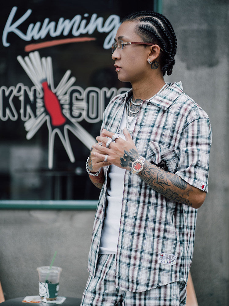 GRAF&WU Classic Embroidered Giraffe Check Casual Short-Sleeve Shirt