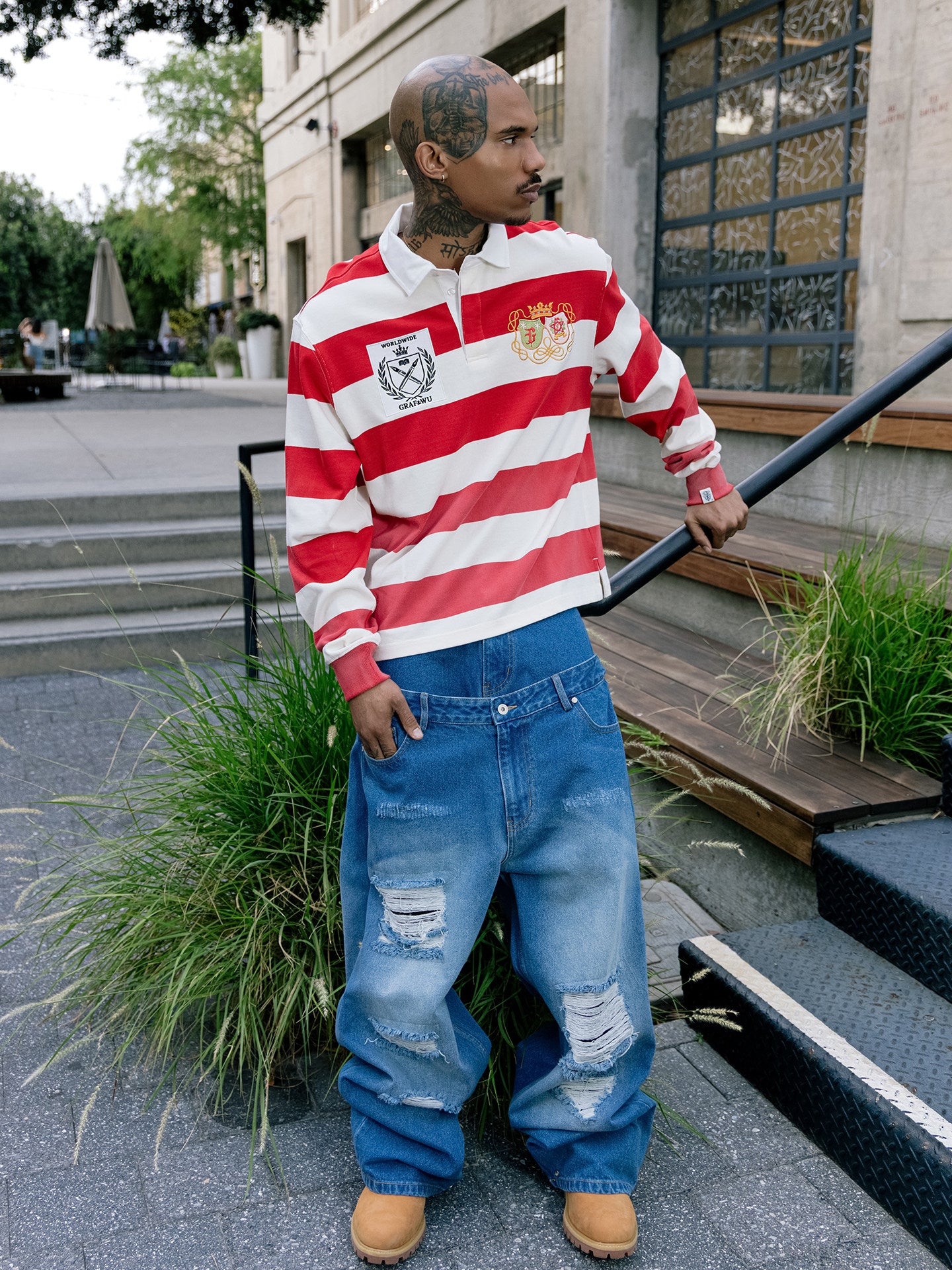 GRAF&WU Striped Polo Collar Rugby Style Design Long Sleeves Shirt