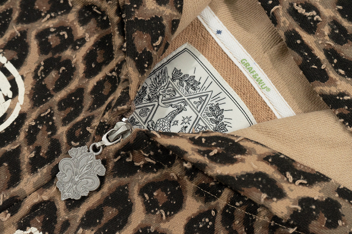 GRAF&WU Vintage Worn-in Leopard Print AK Angel Zipper Hoodie