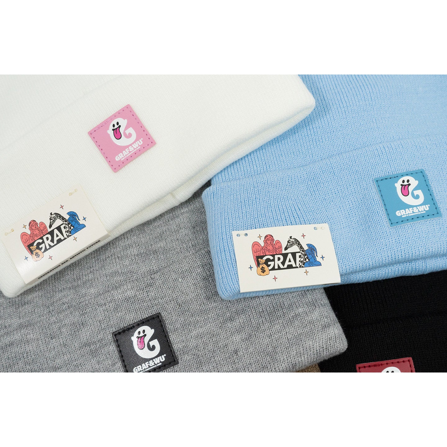 GRAF&WU Cute Ghost G Letter Leather Label Knitted Beanie
