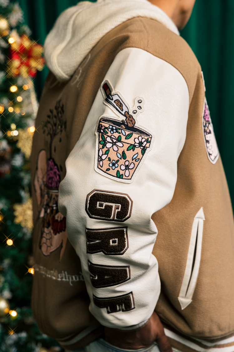 GRAF&WU Brainpower Potted Plant Leather Sleeves Baseball Jacket