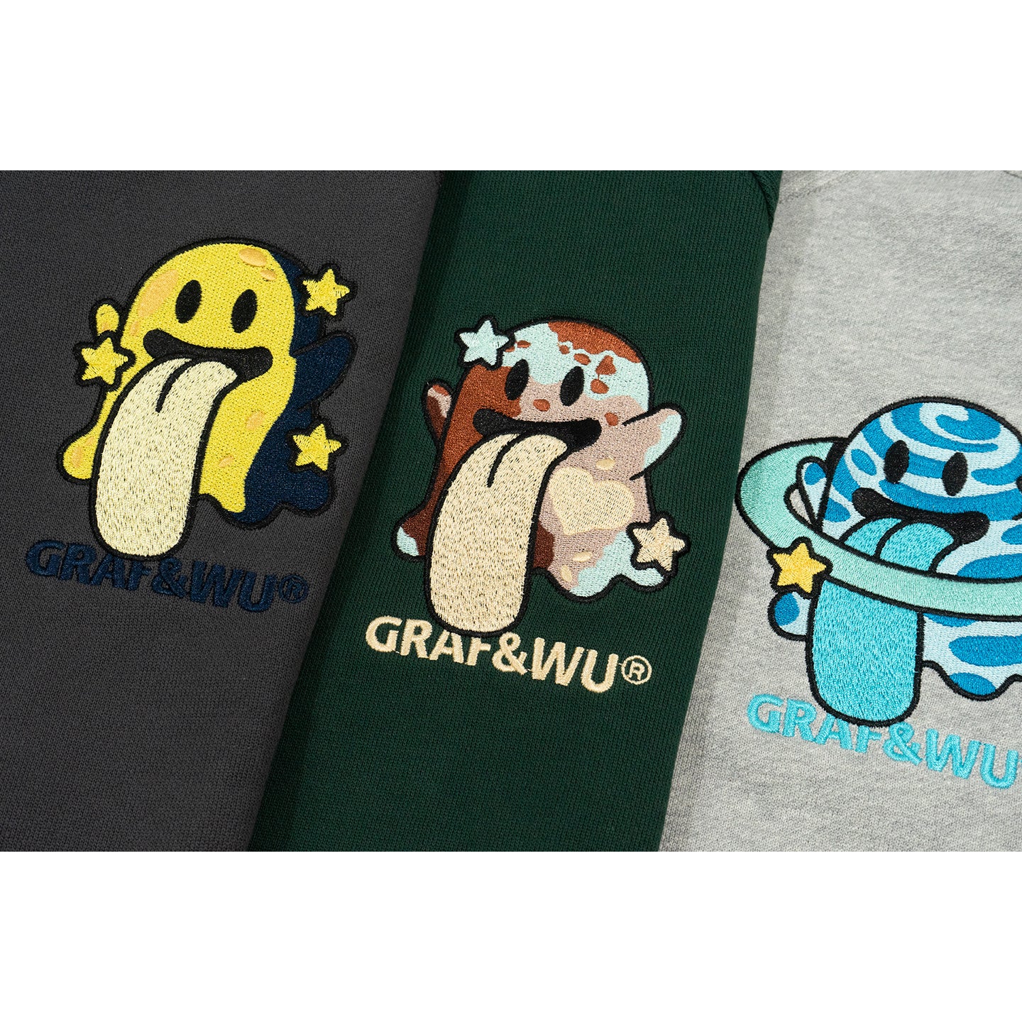 GRAF&WU Solar System Planet Cute Ghost Embroidered Zip-up Hoodie