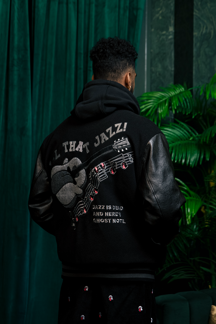 GRAF&WU Jazz Cute Ghost Leather Sleeved Wool Vintage Baseball Jacket