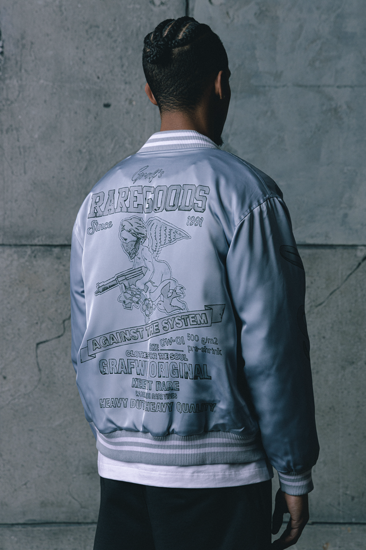 GRAF&WU Vintage Floral Giraffe Goddess Blessing Graphic Satin Thin Baseball Jacket