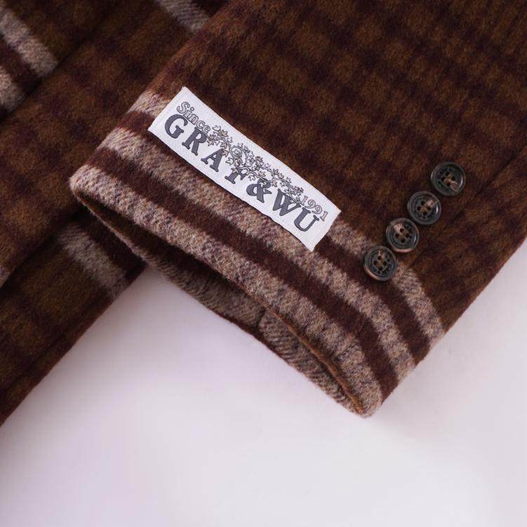 GRAF&WU Fashion Brown Plaid Embroidered 100% Wool Jacket Coat