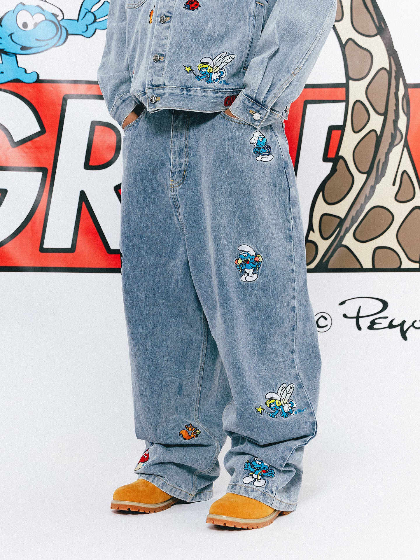 GRAF X SMURF Animal Character Embroidery Baggy Jeans