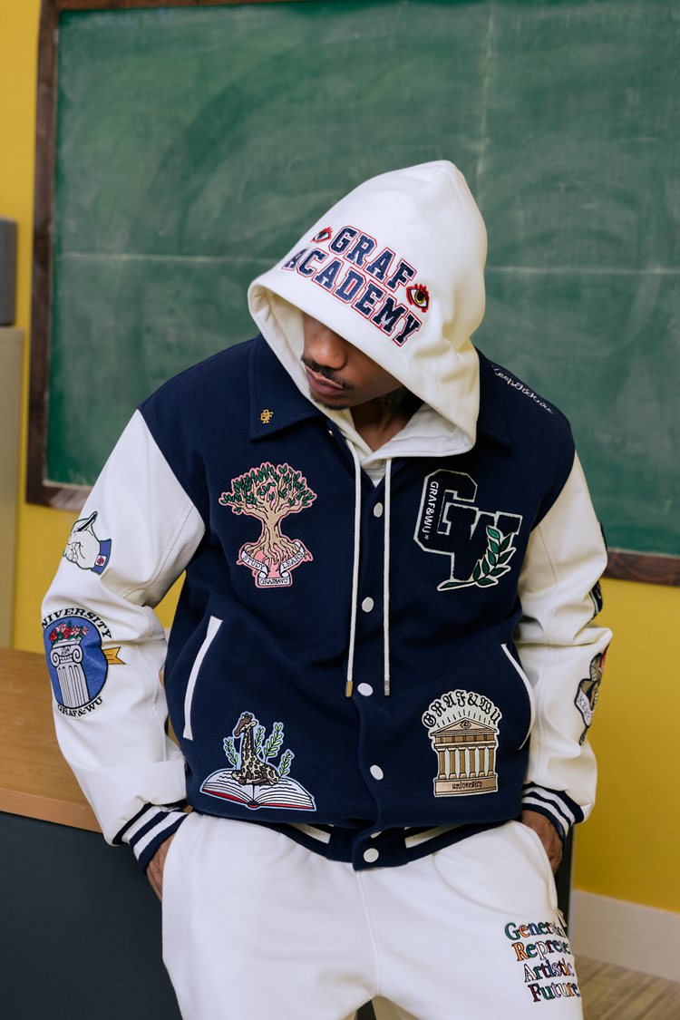 GRAF&WU University Them Leather Sleeved Wool Baseball Jacket