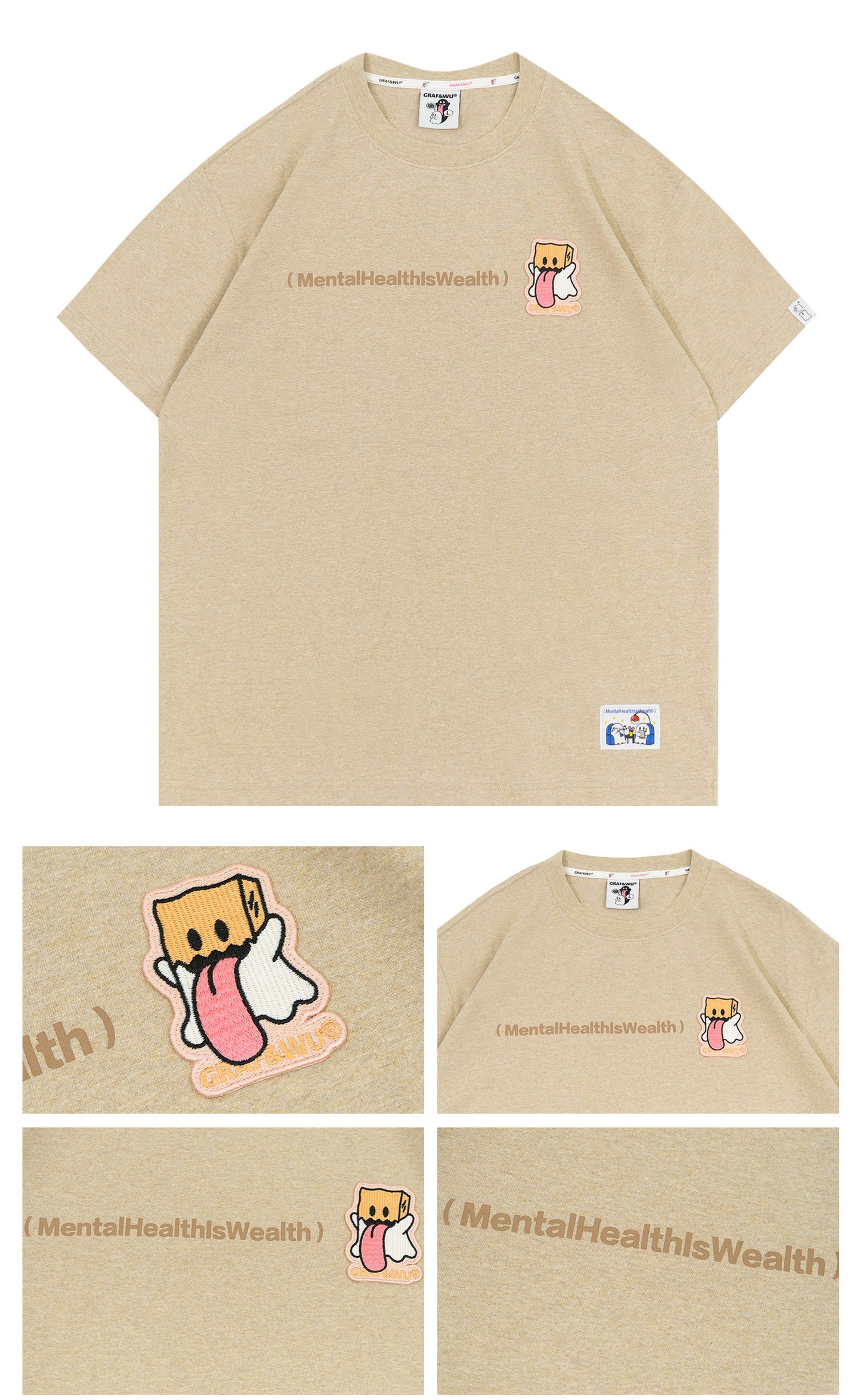 GRAF&WU Mental Health Series Cute Ghost Embroidery Graphic T-Shirt