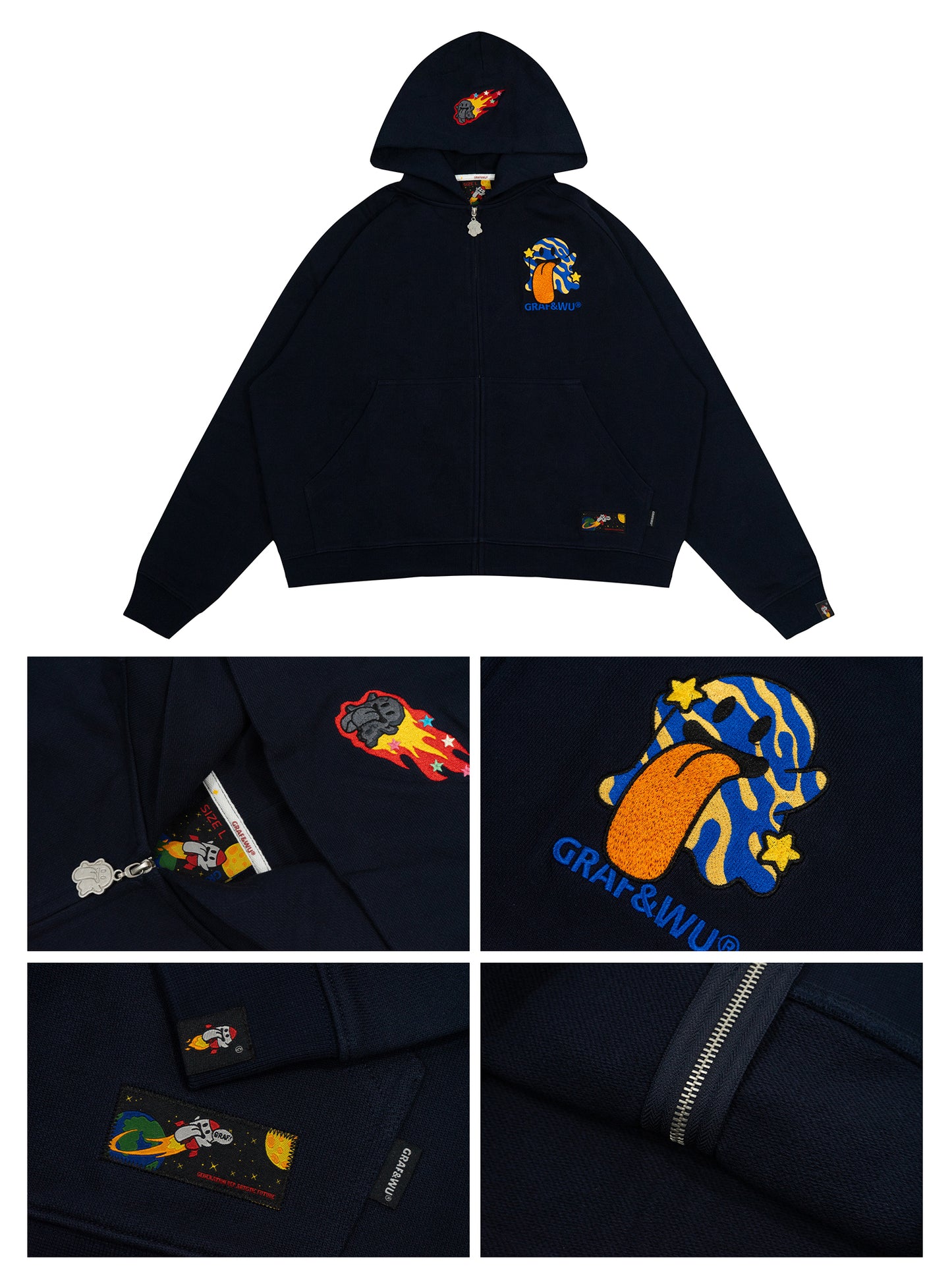 GRAF&WU Solar System Planet Cute Ghost Embroidered Zip-up Hoodie