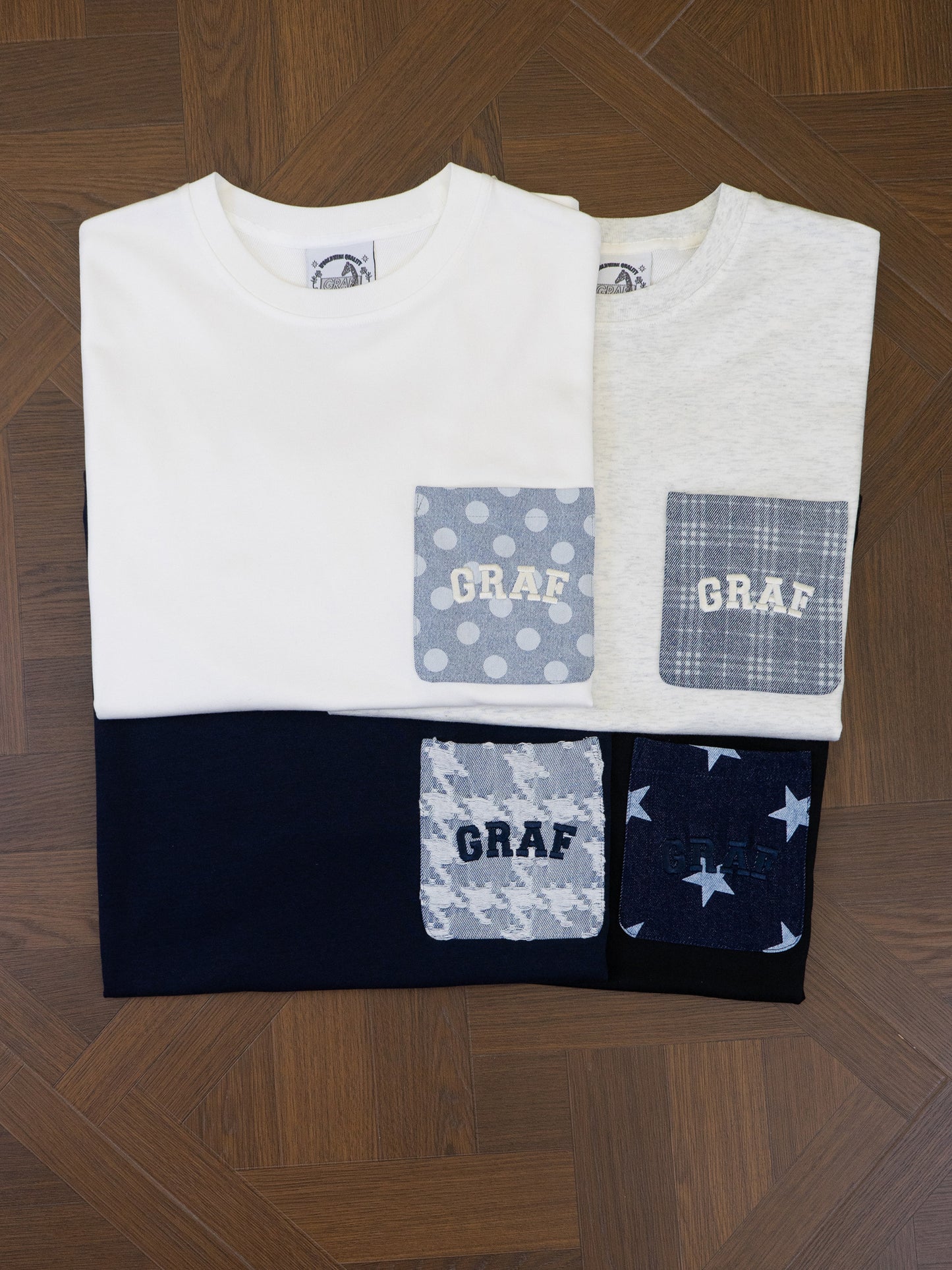 GRAF&WU Washed Houndstooth Star Pattern Denim Pocket Cotton T-shirt