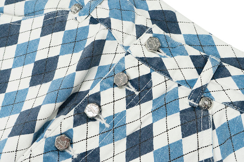 GRAF&WU North Carolina Blue Giraffe Diamond Pattern Denim Washed Cargo Pants