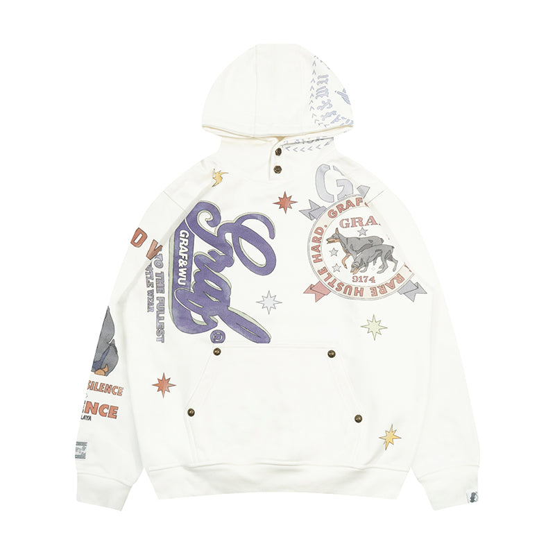 GRAF&WU Fallen Leaves Floral Letter Brass Button Fleece Hoodie