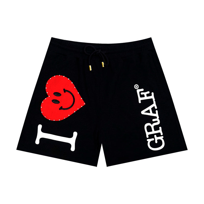 GRAF&WU ILOVEGRAF Smiley Heart Rhinestone Cotton Thick Casual Shorts