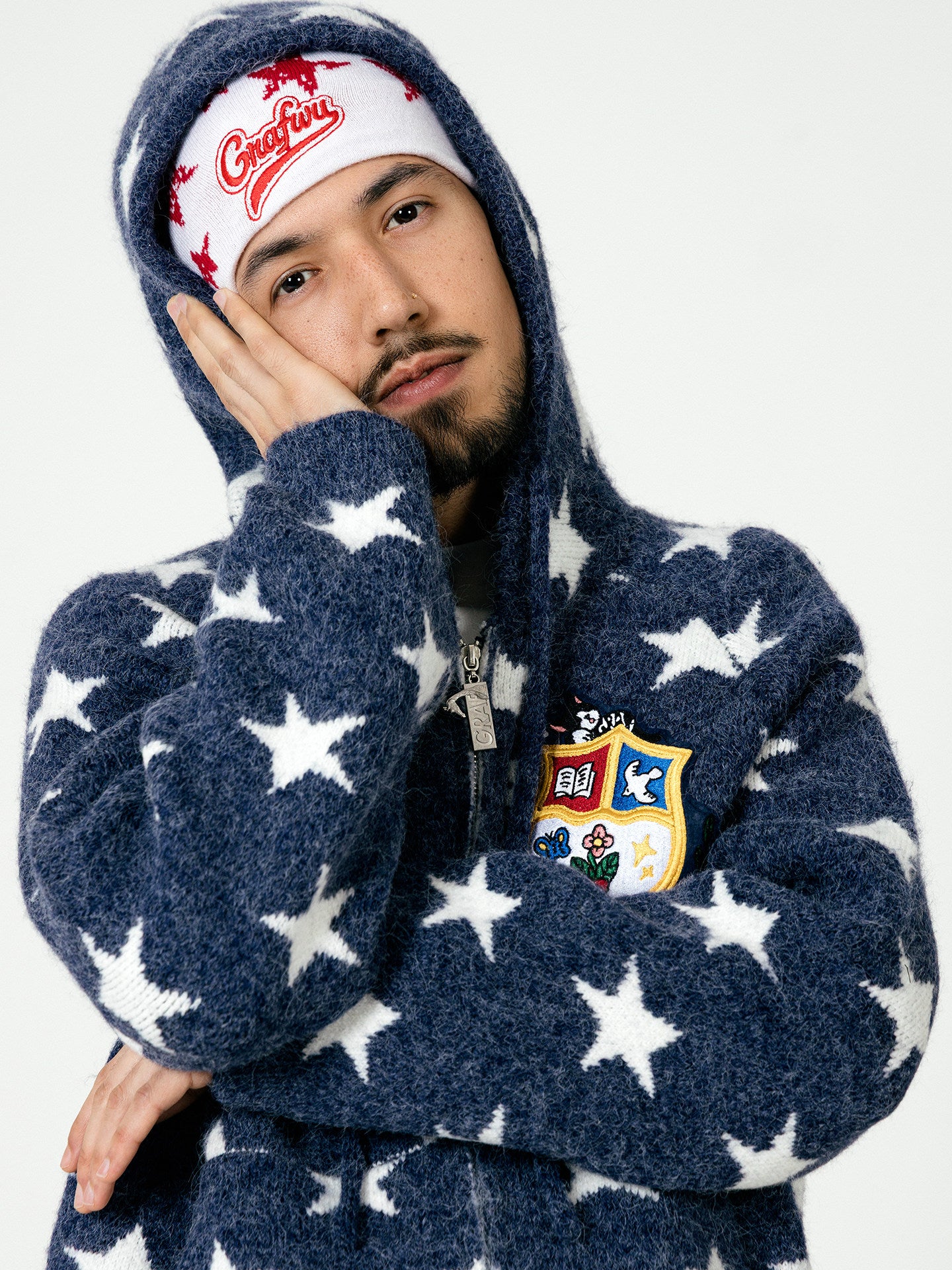 GRAF&WU Badge Star Graphic Mohair Cardigan Zipper Sweater