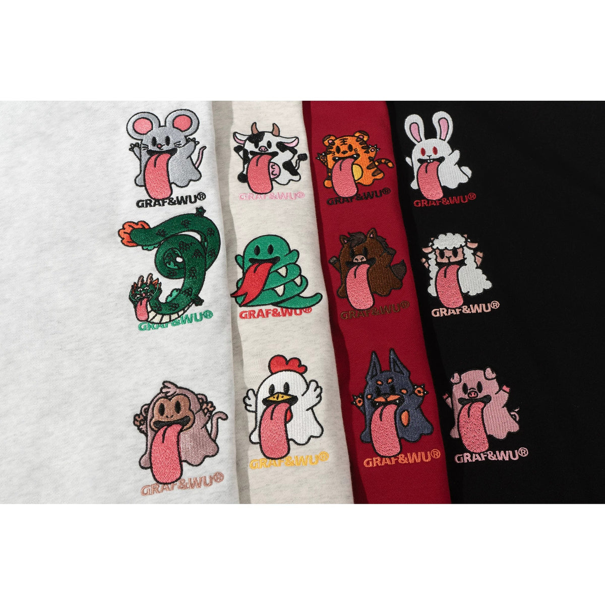 GRAF&WU Chinese Zodiac Cute Ghost Themed Embroidered Oversized Fleece Hoodie