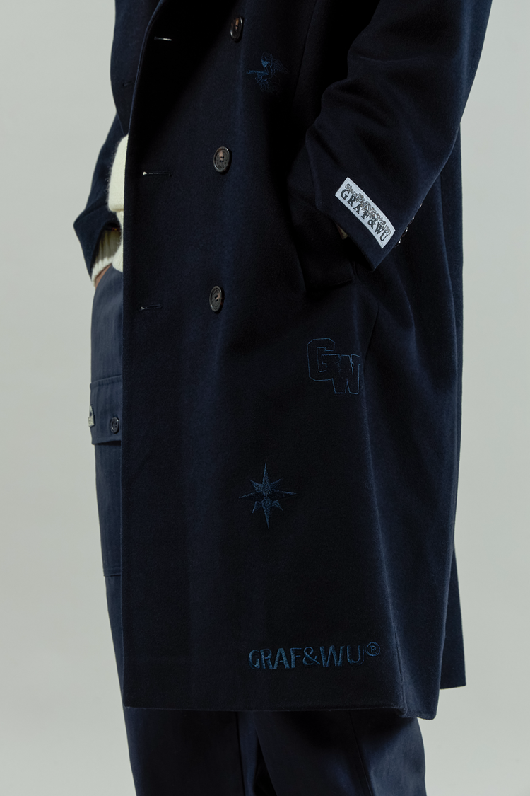 GRAF&WU Brand Logo Embroidered Overcoat Gang Style Wool Jacket