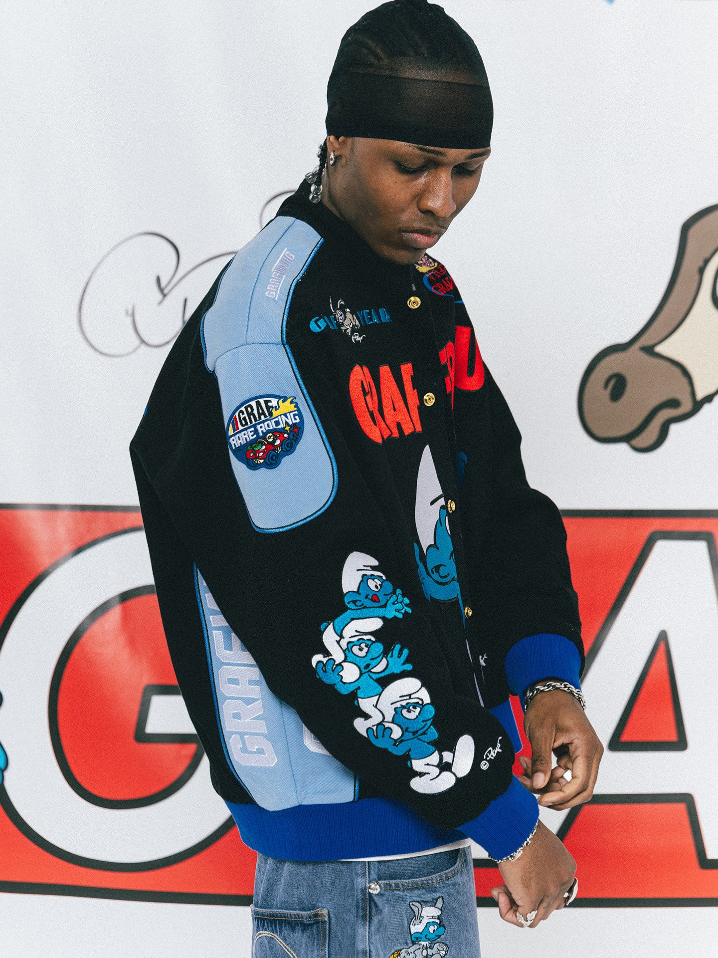 GRAF X SMURF Collaboration Fashion Embroidered Racing Jacket | Limited Edition Streetwear